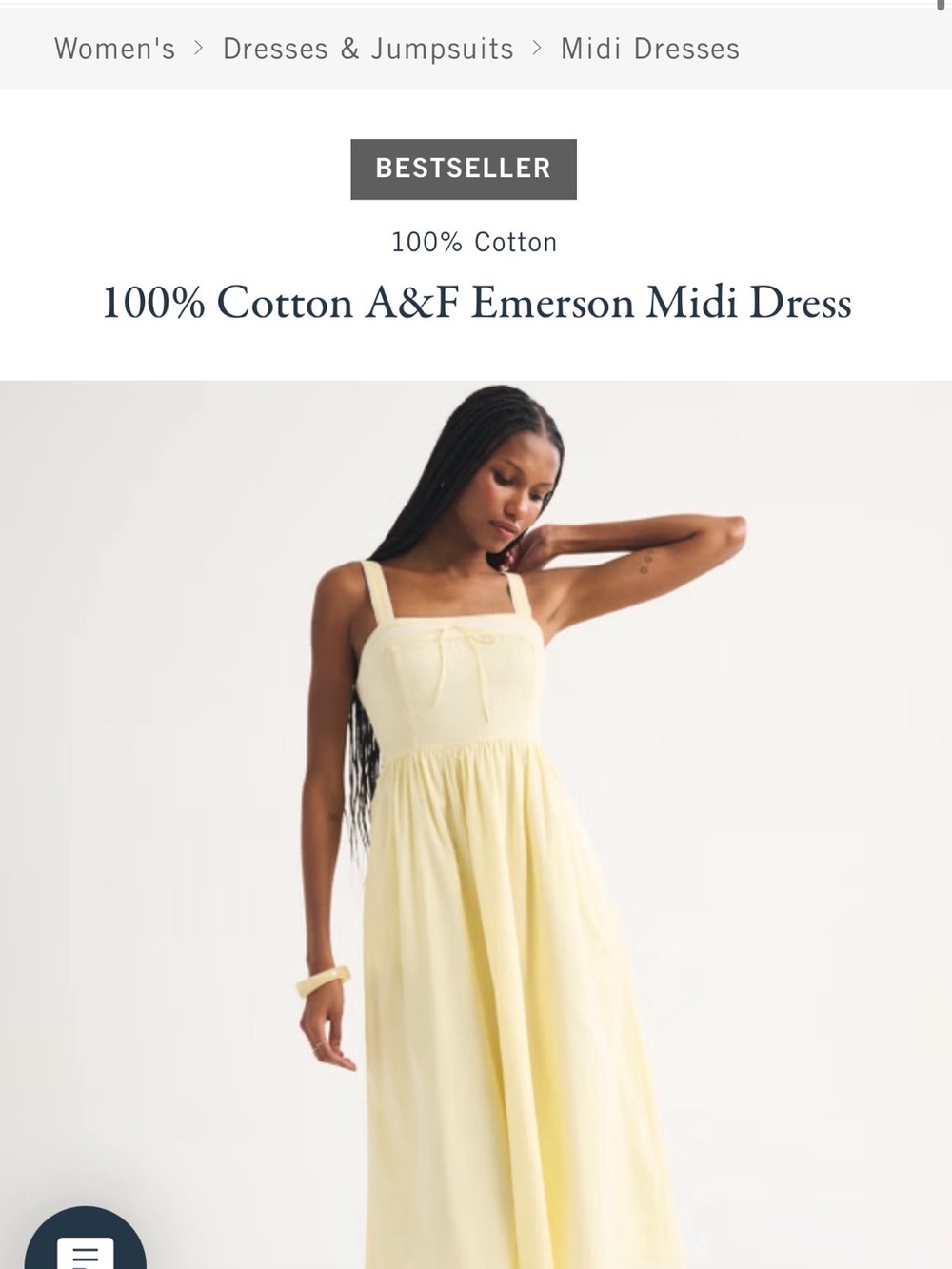 Abercrombie & Fitch Emerson Yellow Cotton Midi Dress new with tags